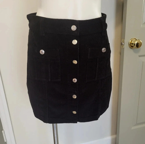 BA&SH Dora Lady Skirt Corduroy Cotton Blend Button Front Mini Black Skirt(8) - Picture 4 of 12